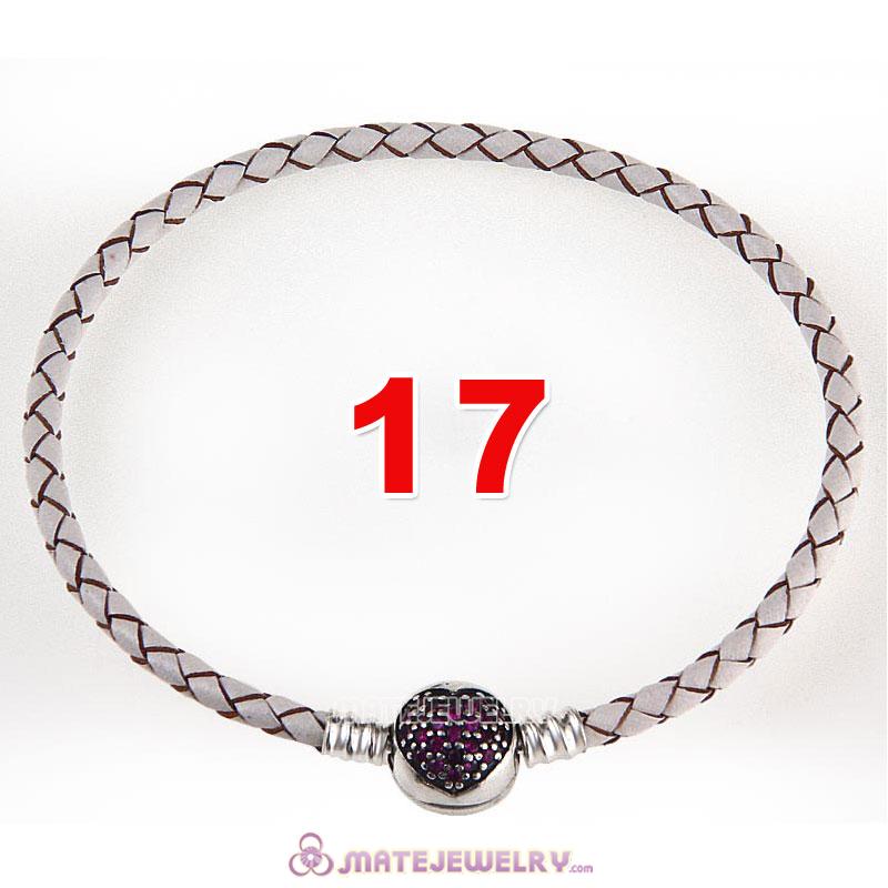 17cm White Braided Leather Bracelet 925 Silver Love of My Life Round Clip with Heart Red CZ Stone