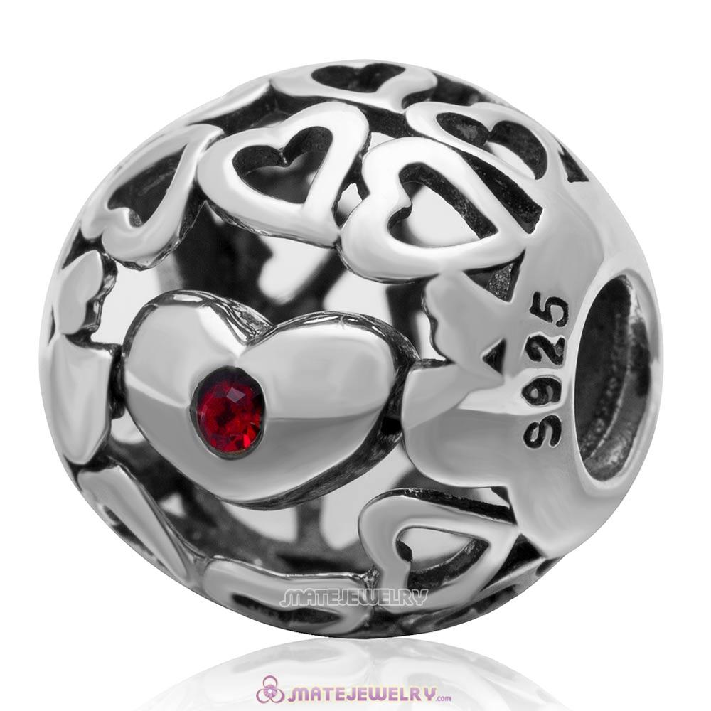 Belived Antique 925 Sterling Silver Open Heart Charm Bead with Lt Siam Austrian Crystal
