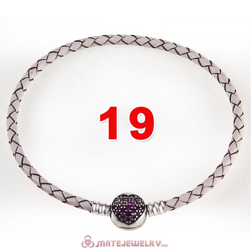 19cm White Braided Leather Bracelet 925 Silver Love of My Life Round Clip with Heart Red CZ Stone