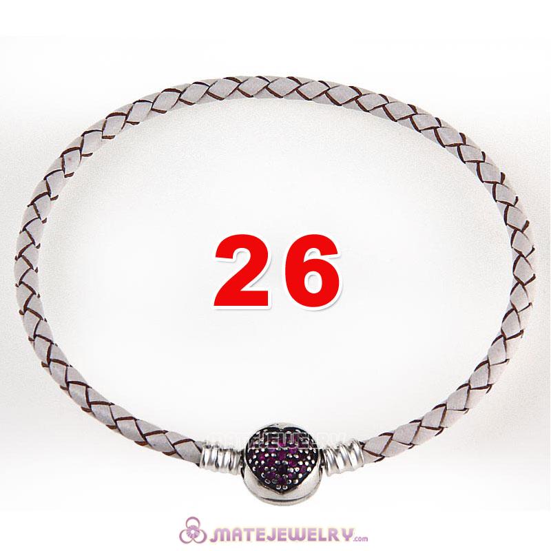 26cm White Braided Leather Bracelet 925 Silver Love of My Life Round Clip with Heart Red CZ Stone