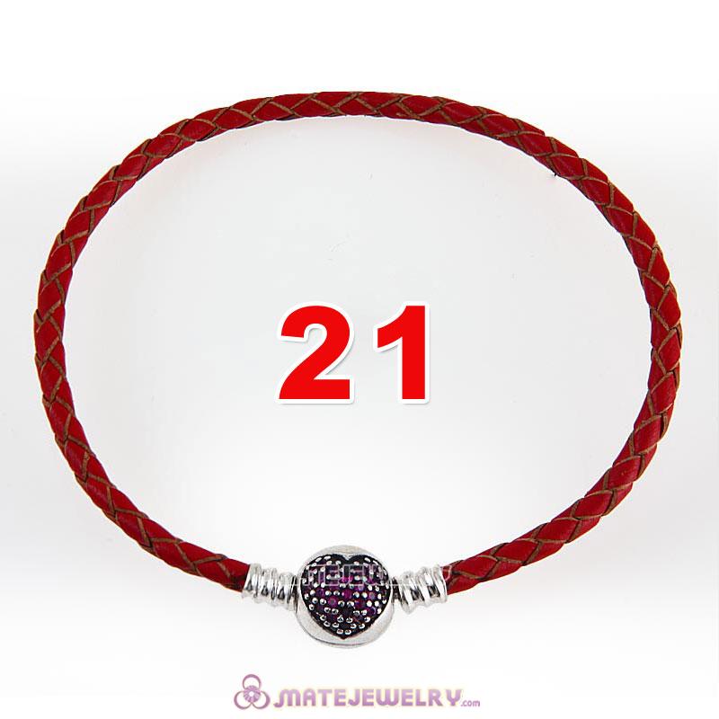 21cm Red Braided Leather Bracelet 925 Silver Love of My Life Round Clip with Heart Red CZ Stone
