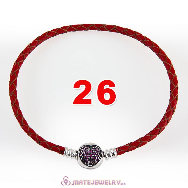 26cm Red Braided Leather Bracelet 925 Silver Love of My Life Round Clip with Heart Red CZ Stone
