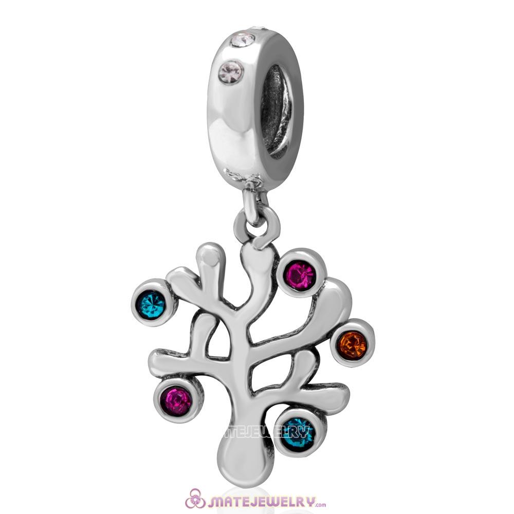 Family Tree Dangle 925 Sterling Silver with Colorful Austrian Crystals Charm 