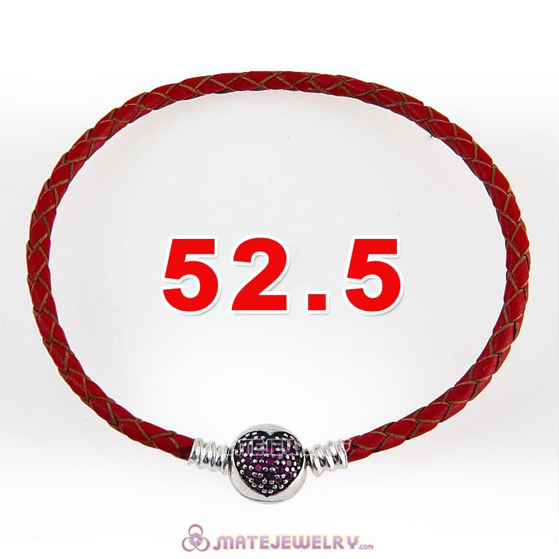 52.5cm Red Braided Leather Triple Bracelet Silver Love of My Life Clip with Heart Red CZ Stone