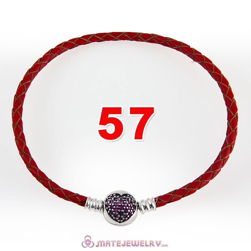 57cm Red Braided Leather Triple Bracelet Silver Love of My Life Clip with Heart Red CZ Stone