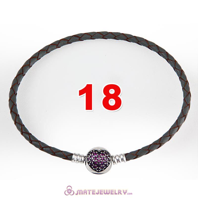 18cm Gray Braided Leather Bracelet 925 Silver Love of My Life Round Clip with Heart Red CZ Stone