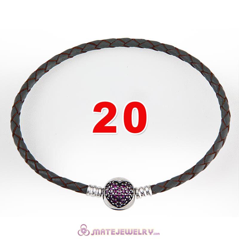 20cm Gray Braided Leather Bracelet 925 Silver Love of My Life Round Clip with Heart Red CZ Stone