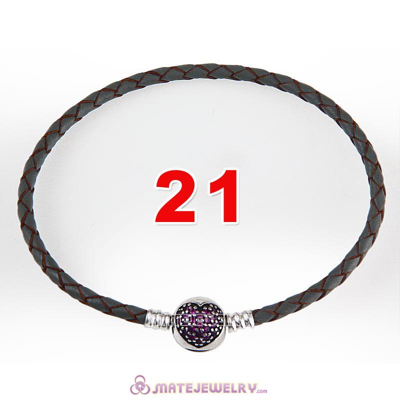 21cm Gray Braided Leather Bracelet 925 Silver Love of My Life Round Clip with Heart Red CZ Stone