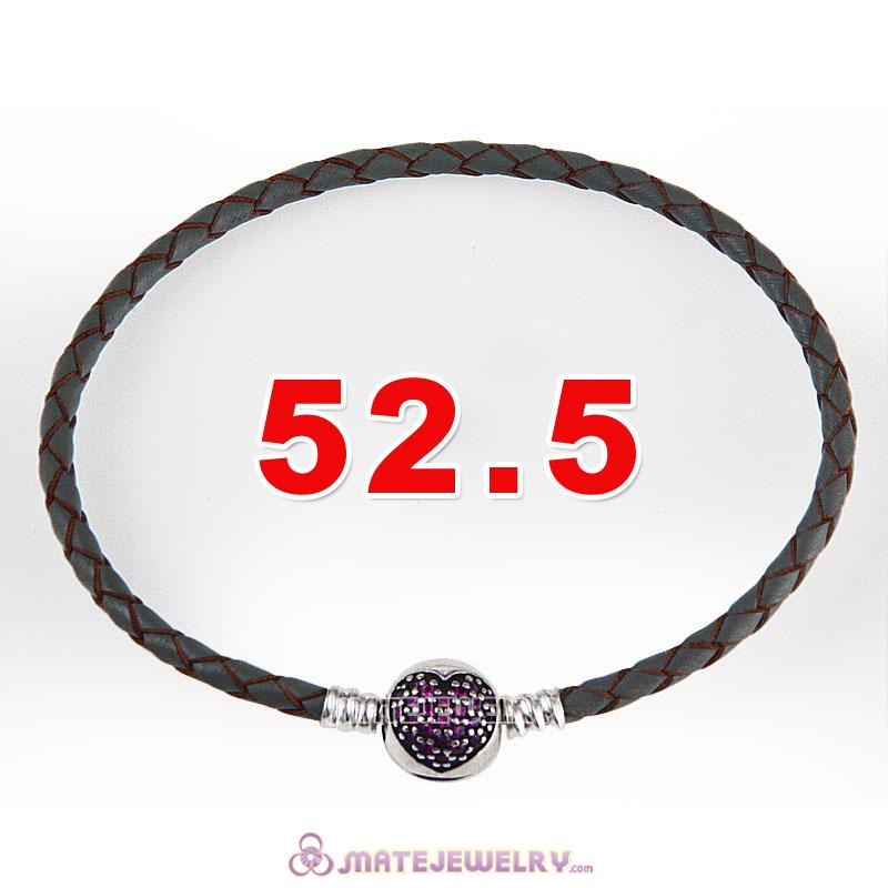 52.5cm Gray Braided Leather Triple Bracelet Silver Love of My Life Clip with Heart Red CZ Stone