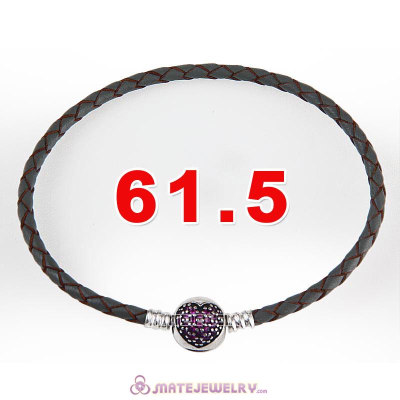 61.5cm Gray Braided Leather Triple Bracelet Silver Love of My Life Clip with Heart Red CZ Stone