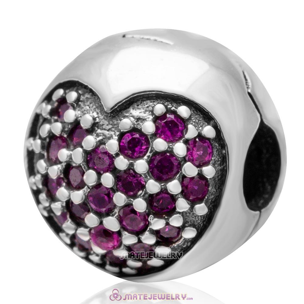 Handmade 925 Sterling Silver Love Of My Life Clip Charm Beads with Fuchsia CZ Stone