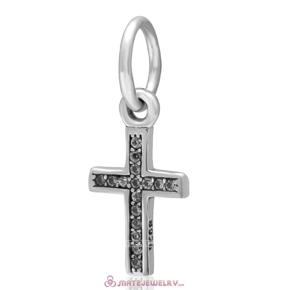 Dangle Holy Cross 925 Sterling Silver with Clear Zircon Stone Charm 