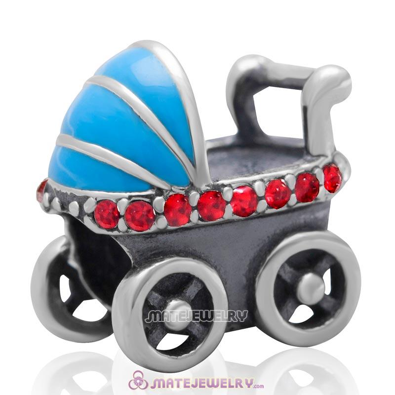 Baby Carriage Charm 925 Sterling Silver Bead with Lt Siam Australian Crystal
