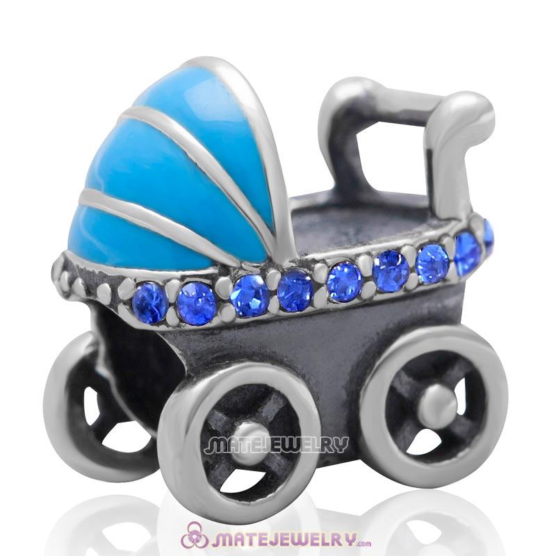 Baby Carriage Charm 925 Sterling Silver Bead with Sapphire Australian Crystal