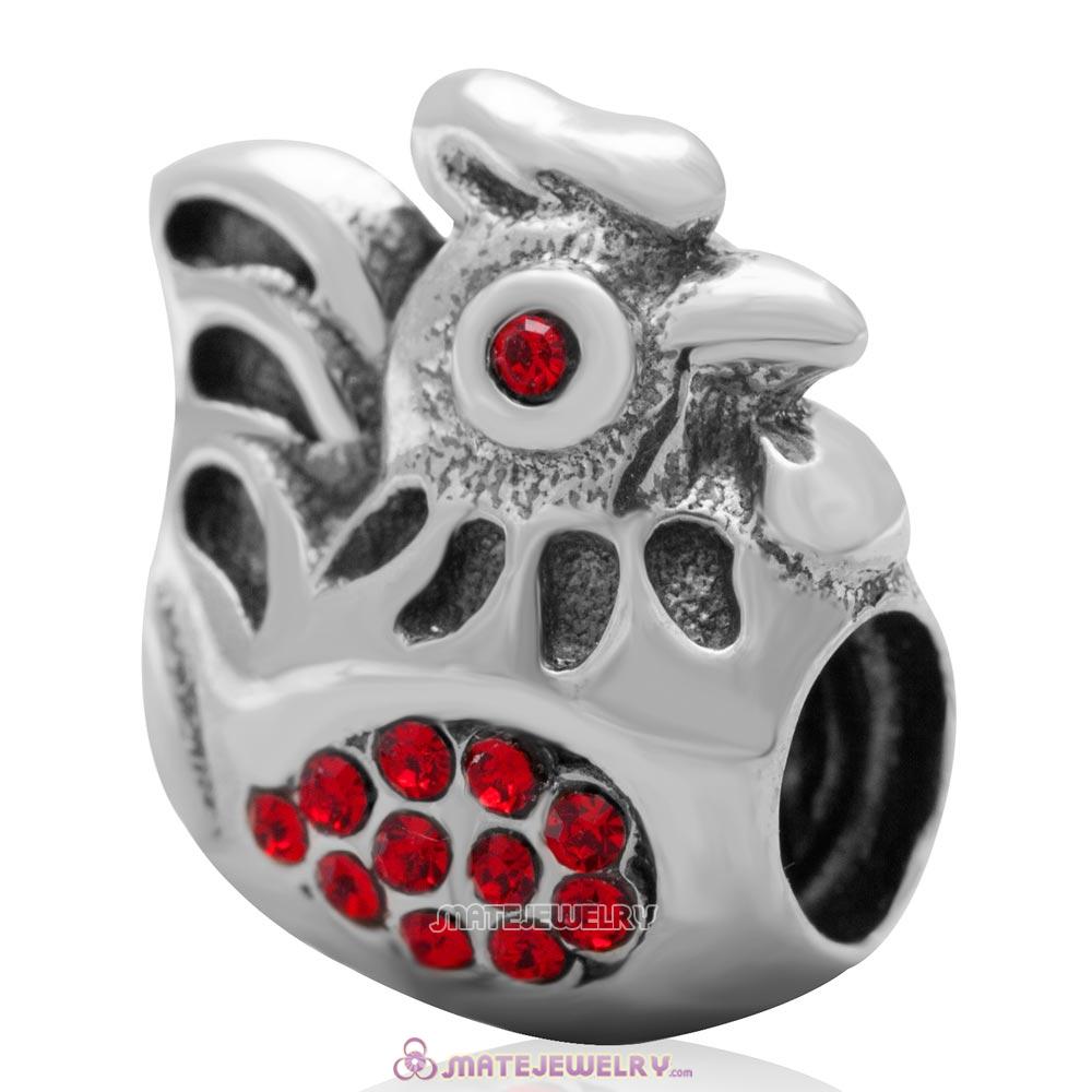 Cute Rooster Charm 925 Sterling Silver Bead with Lt Siam Australian Crystal