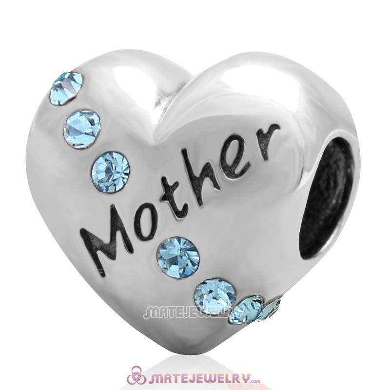Aquamarine Crystal Mother Heart Love Bead 925 Sterling Silver 
