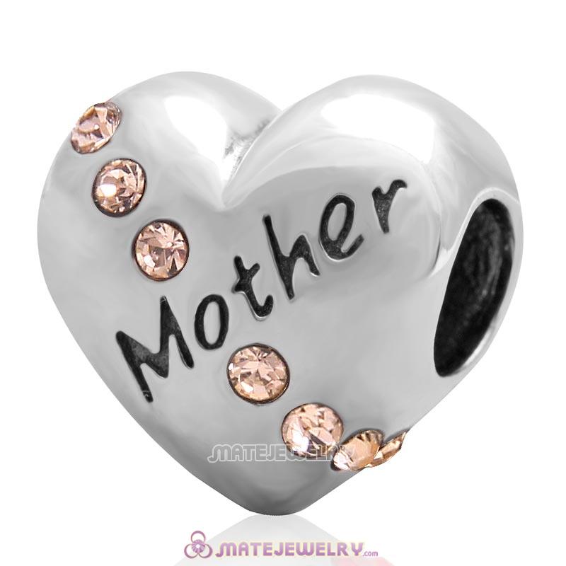 Lt Peach Crystal Mother Heart Love Bead 925 Sterling Silver 