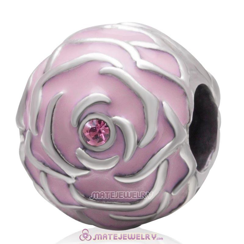 Pink Rose Garden 925 Sterling Silver with Lt Rose Crystal Charm Bead