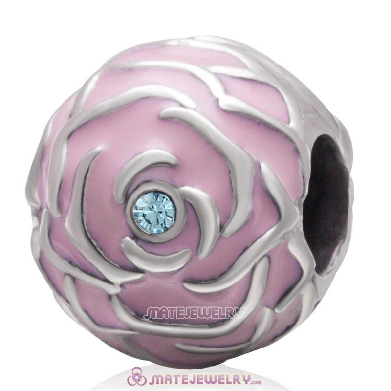 Pink Rose Garden 925 Sterling Silver with Aquamarine Crystal Charm Bead