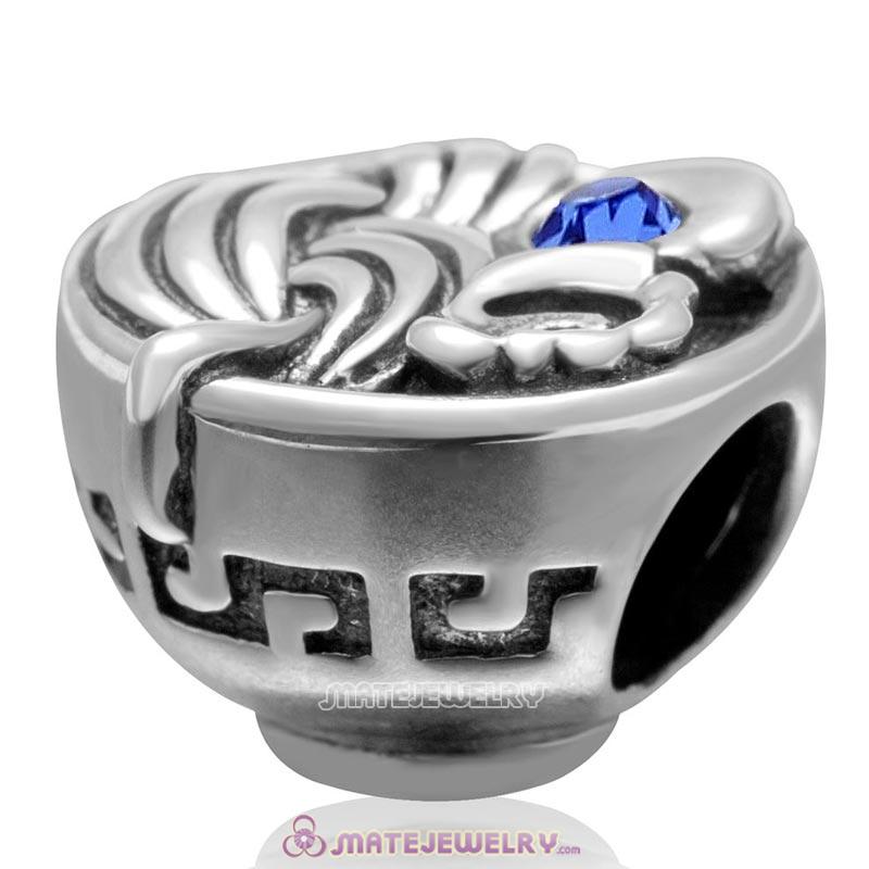 Bowl of Birthday Noodles 925 Sterling Silver with Sapphire Crystal Egg Charm