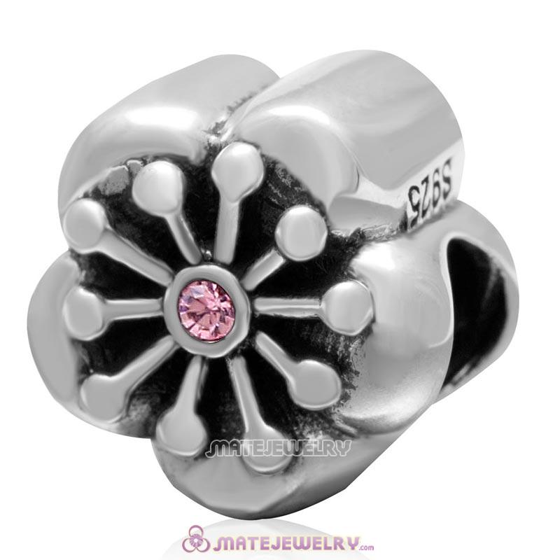 Cherry Flower 925 Sterling Silver with Lt Rose Crystal Charm Bead