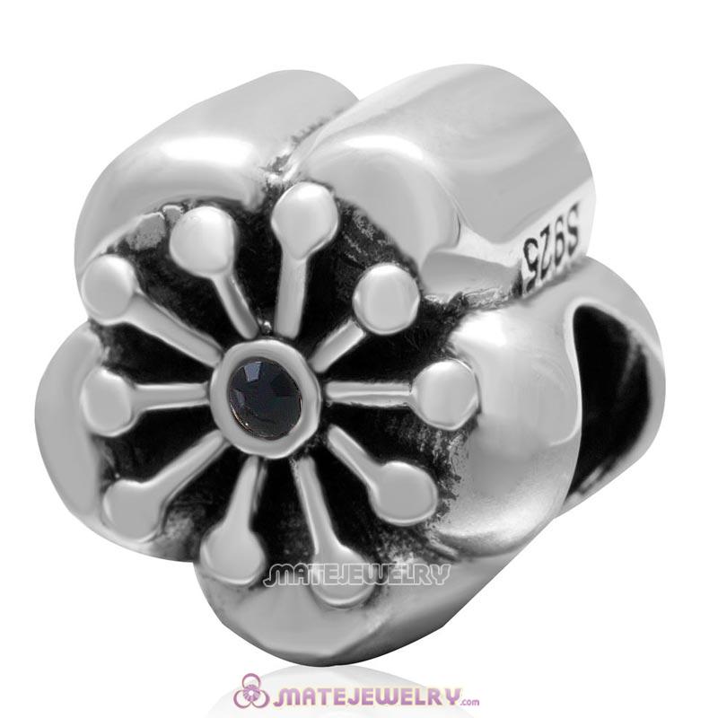 Cherry Flower 925 Sterling Silver with Jet Crystal Charm Bead