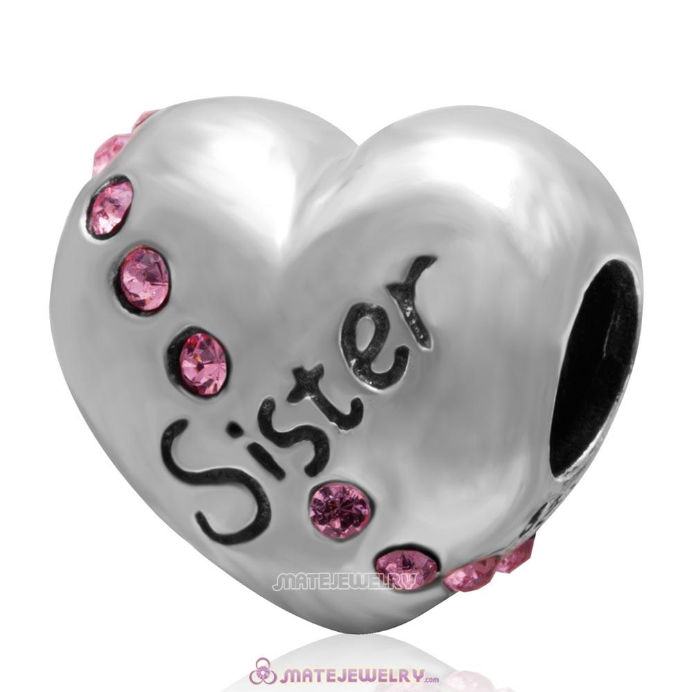  Lt Rose Crystal Sister 925 Sterling Silver Love Heart Bead