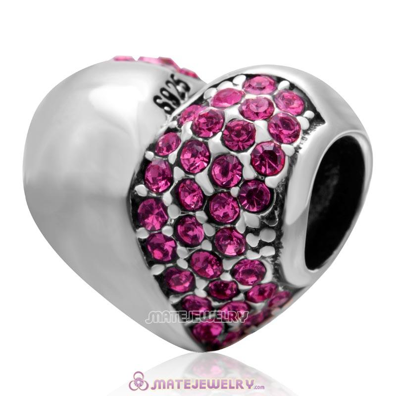 Rose Sparkly Crystal 925 Sterling Silver Heart Bead 