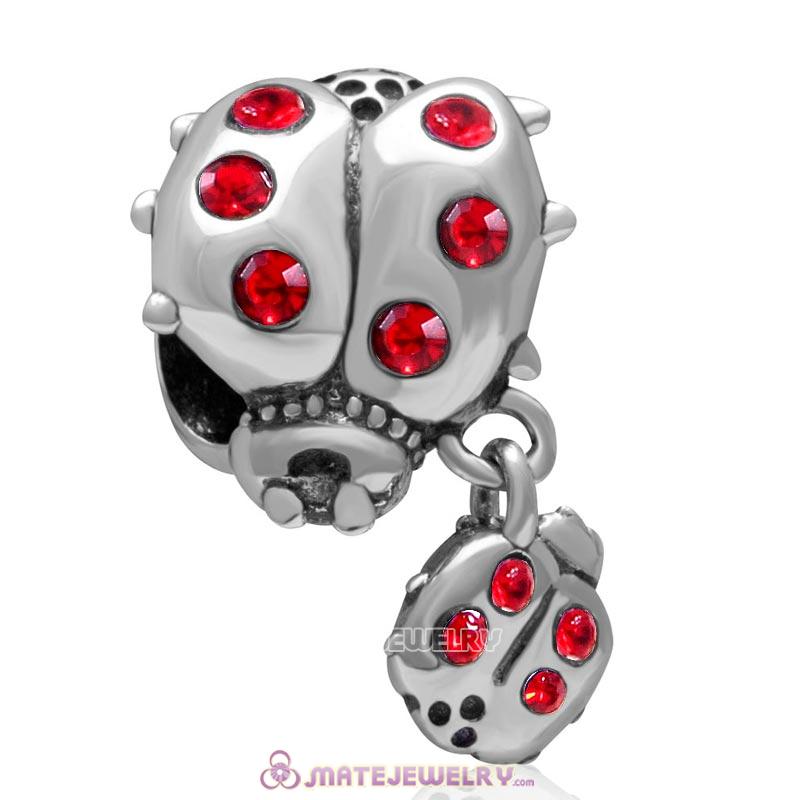 Ladybug with Dangling Smaller Ladybug Lt Siam Crystal 925 Sterling Silver Charm