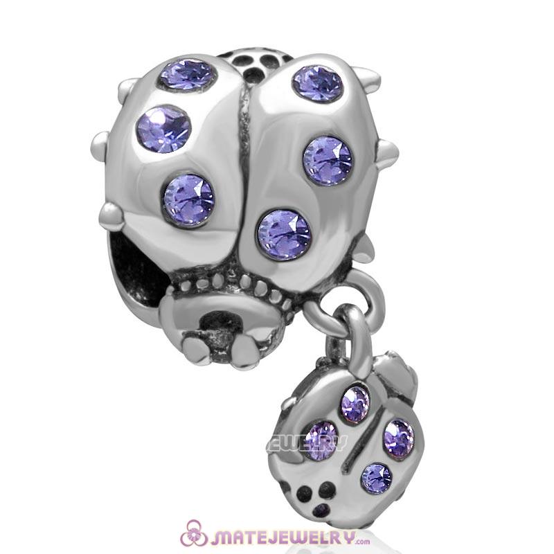Ladybug with Dangling Smaller Ladybug Tanzanite Crystal 925 Sterling Silver Charm