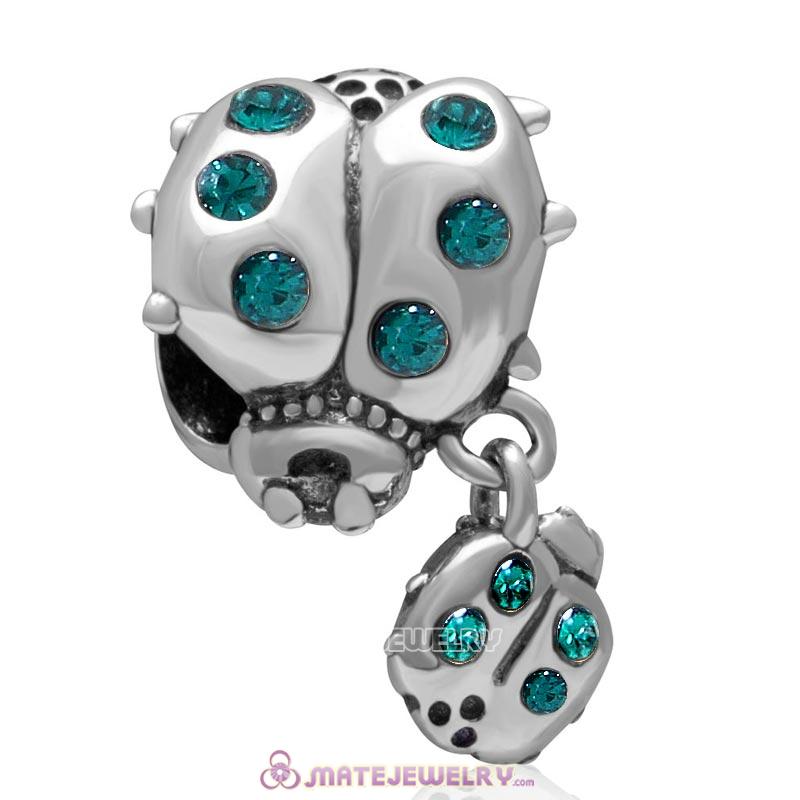 Ladybug with Dangling Smaller Ladybug Emerald Crystal 925 Sterling Silver Charm