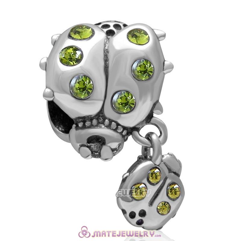 Ladybug with Dangling Smaller Ladybug Olivine Crystal 925 Sterling Silver Charm