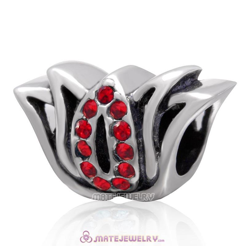 925 Sterling Silver Tulip Flower Bead with Lt Siam Crystal Charm
