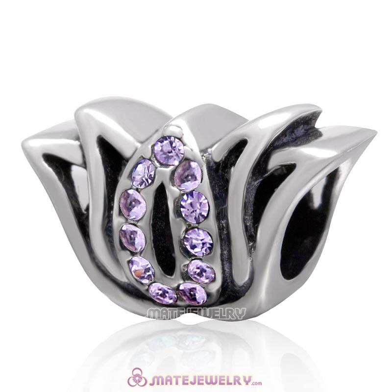 925 Sterling Silver Tulip Flower Bead with Violet Crystal Charm