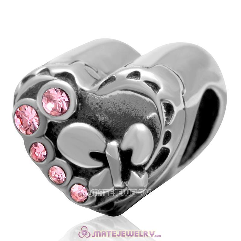 Butterfly Charm 925 Sterling Silver with Lt Rose Crystal Love Heart Bead