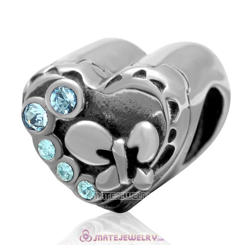 Butterfly Charm 925 Sterling Silver with Aquamarine Crystal Love Heart Bead