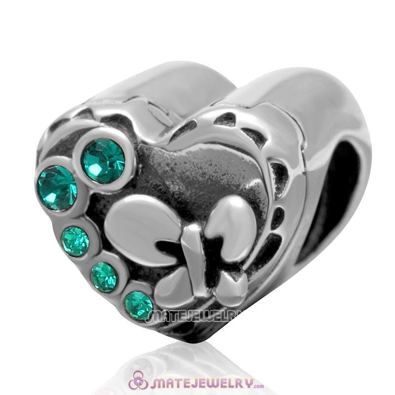 Butterfly Charm 925 Sterling Silver with Emerald Crystal Love Heart Bead