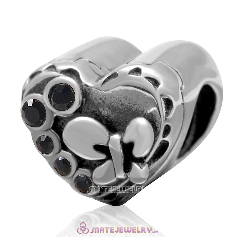 Butterfly Charm 925 Sterling Silver with Jet Crystal Love Heart Bead
