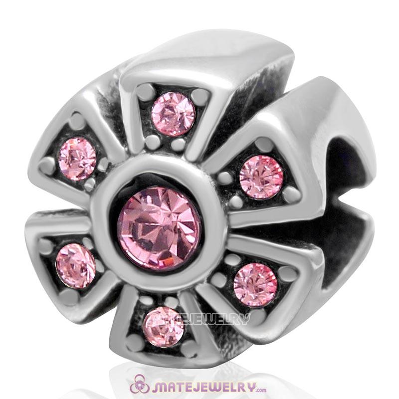 925 Sterling Silver Sparkly Flower Lt Rose Crystal Charm Bead