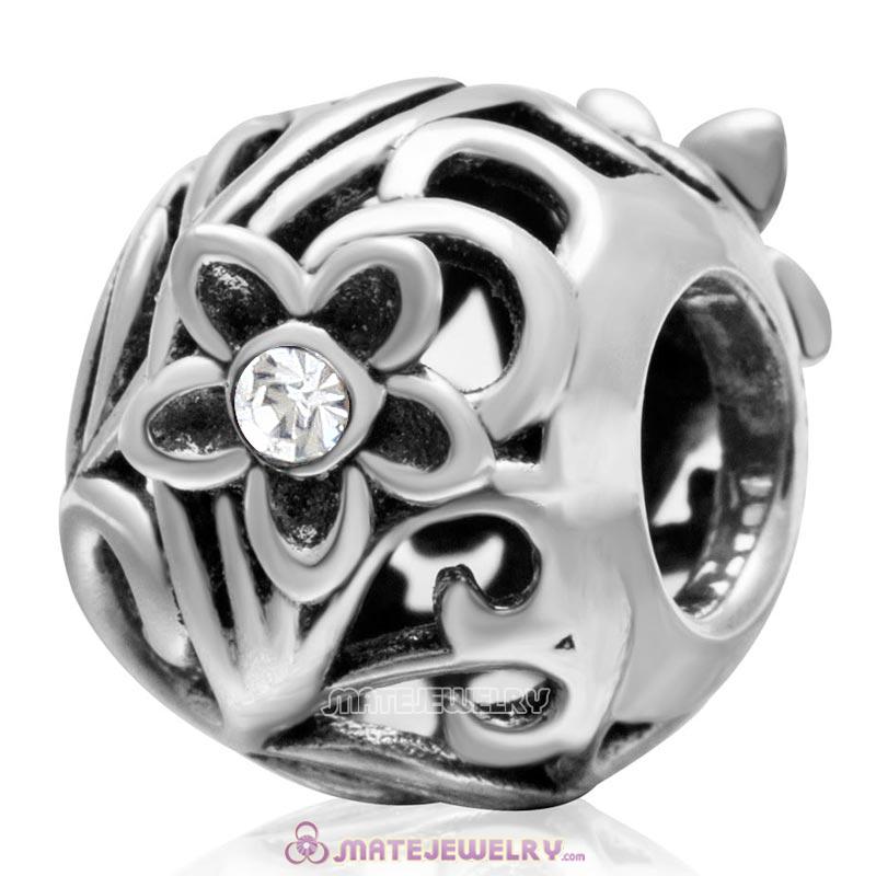 925 Sterling Silver Daisy Flower Clear Crystal Charm Bead