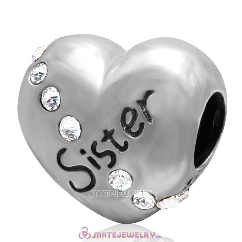 Clear Crystal Sister 925 Sterling Silver Love Heart Bead