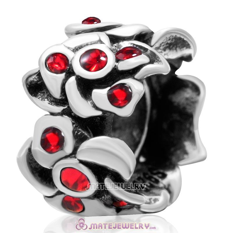 Poppy Flower Spacer Charm 925 Sterling Silver Bead with Lt Siam Crystal