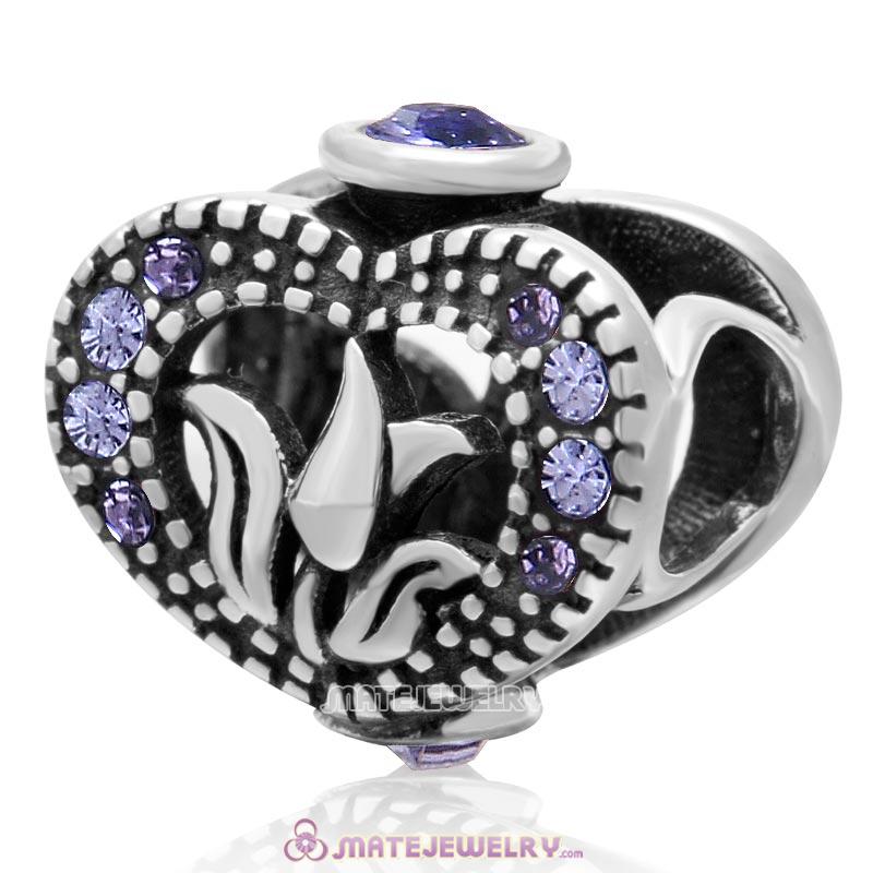 Love Tulip Heart with Tanzanite Crystal 925 Sterling Silver Charm Bead