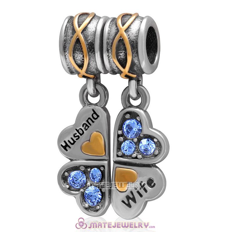 1 Pair Wife Husband Clover Charm Sterling Silver with Sapphire Austrian Crystal