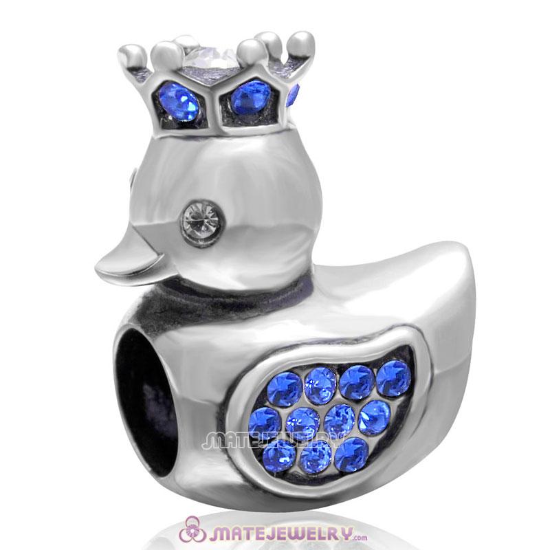 Pleasing Duck with Crown 925 Sterling Silver with Sapphire Crystal Charm Bead