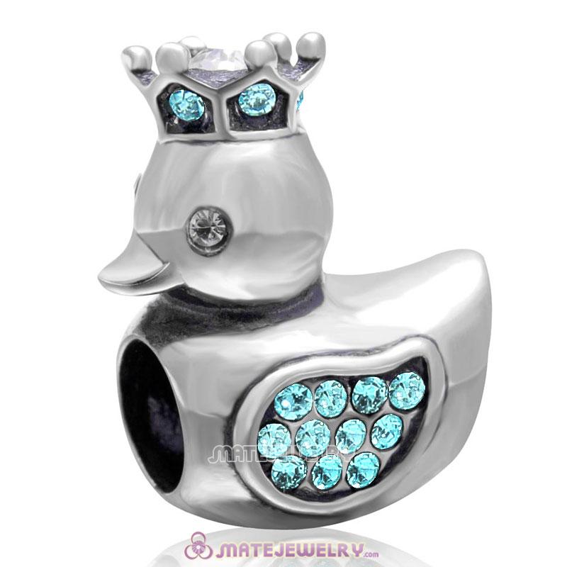 Pleasing Duck with Crown 925 Sterling Silver with Aquamarine Crystal Charm Bead