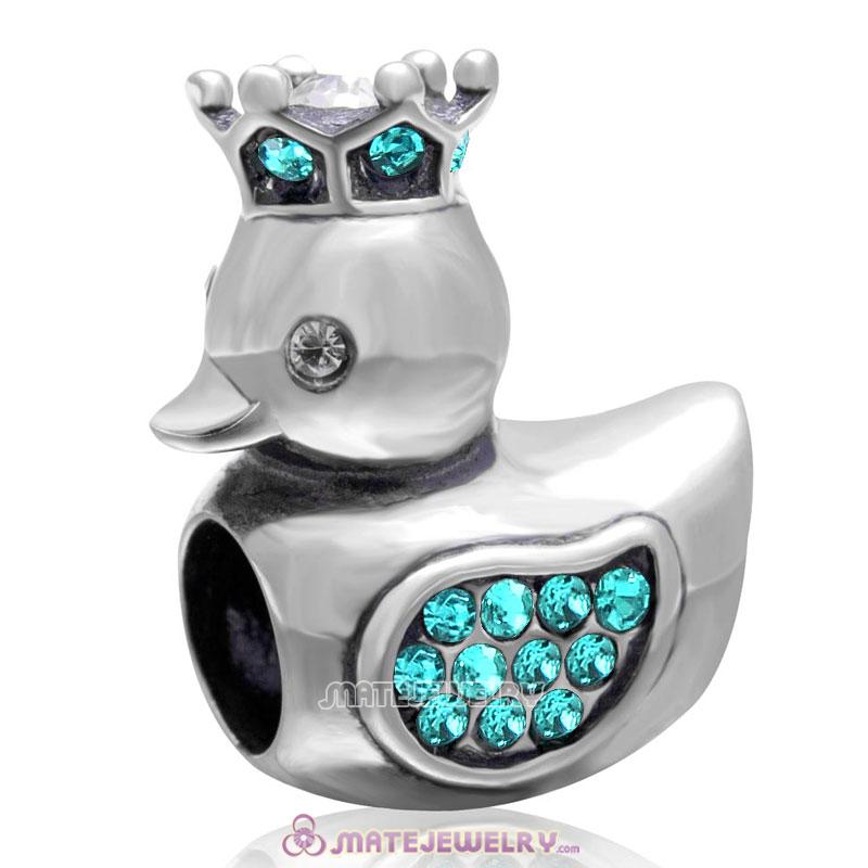 Pleasing Duck with Crown 925 Sterling Silver with Blue Zircon Crystal Charm Bead