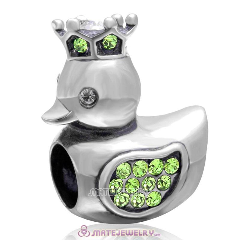 Pleasing Duck with Crown 925 Sterling Silver with Peridot Crystal Charm Bead