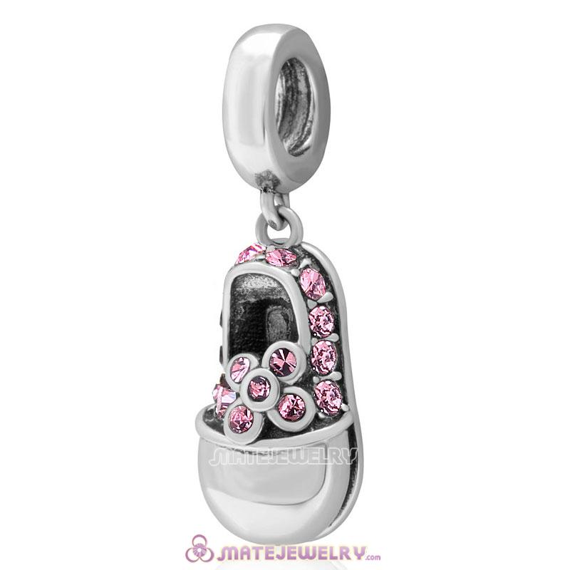 Baby Shoe Dangle 925 Sterling Silver Charm with Lt Rose Crystal