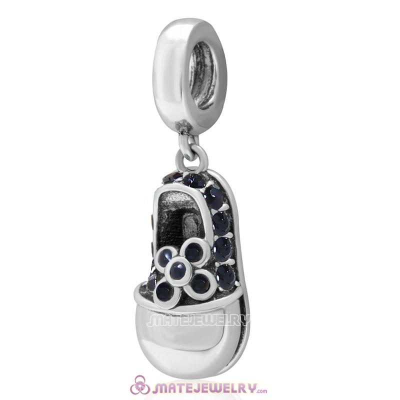 Baby Shoe Dangle 925 Sterling Silver Charm with Jet Crystal
